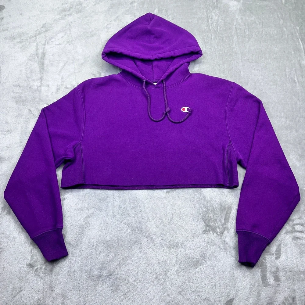 Champion Reverse Weave Cropped Hoodie Sweatshirt Womens Purple Sz M Grunge Y2K